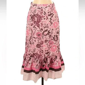Anthropologie de novo Pink Brown Floral Boho Ruffle Hem Midi Skirt Size Small S